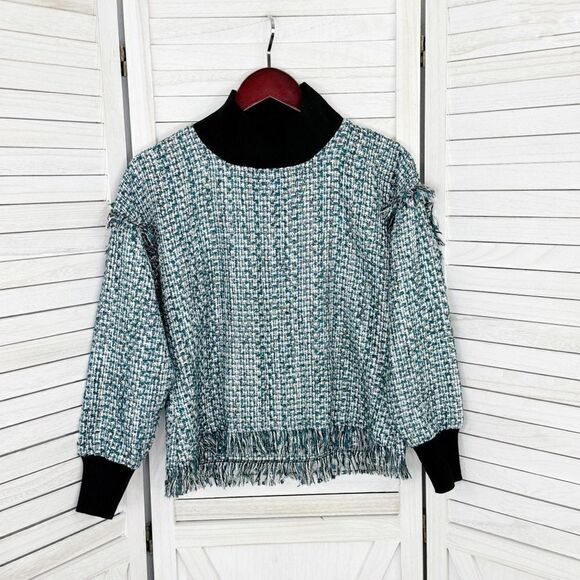 Zara Tweed Fringe Hem Mock Neck Shirt Teal White Large Crop - Picture 8 of 12